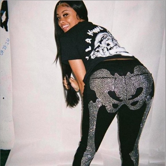 Klan Life Clothing Women’s Skeleton Rhinestone Denim Pants - Picture 2 of 4